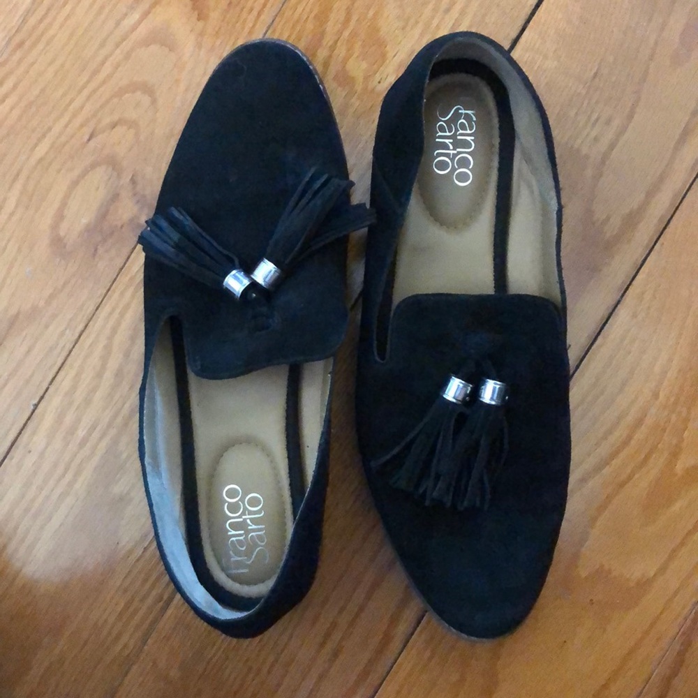 Black suede loafers with tassels